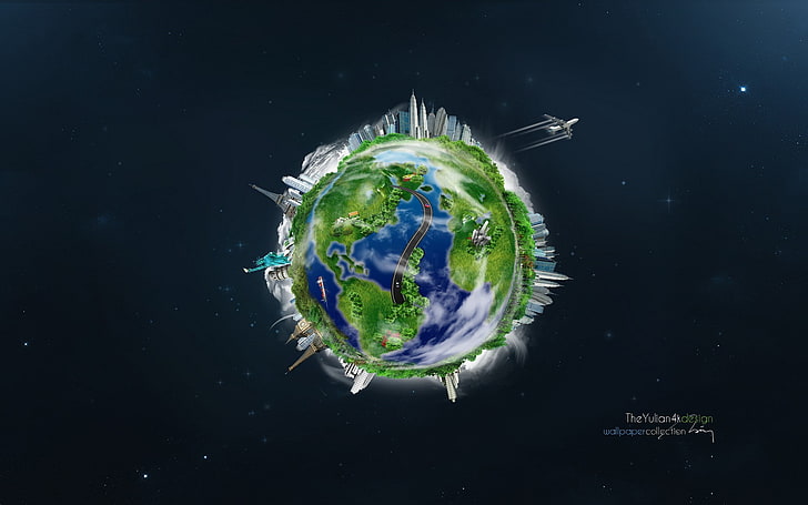 Big Ben, building, Earth, Eiffel Tower, globes, road, space