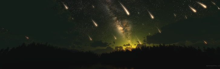 meteor shower, meteors, dark, night, illuminated, no people, silhouette, HD wallpaper