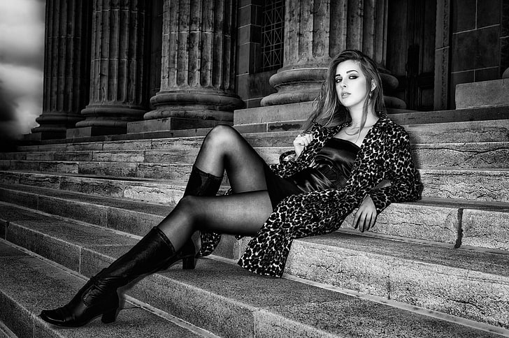 stairs, women, boots, monochrome, animal print, looking at viewer, HD wallpaper
