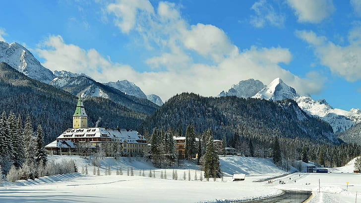 Bavaria Germany mountains, snow, trees, winter, castle ELMAU, HD wallpaper
