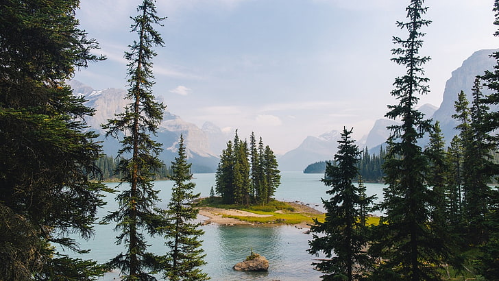 lake, trees, mountains, island, forest, nature, landscape, Canada, HD wallpaper