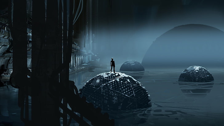 person standing on floating ball digital wallpaper, Portal (game), HD wallpaper