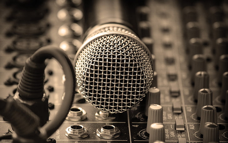 black and gray dynamic microphone and gray analog audio mixer, HD wallpaper