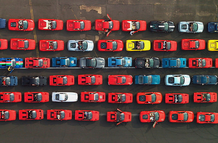 aerial photo of multicolored cars die-cast model, Ferrari, large group of objects, HD wallpaper
