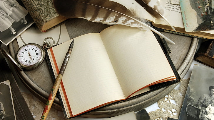 white ruled notebook, books, notebooks, watch, pens, paper, old, HD wallpaper