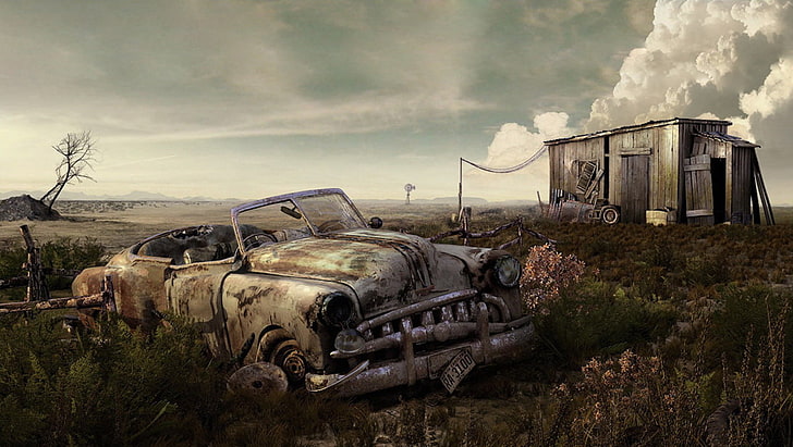 convertible coupe near house wallpaper, Fallout, wasteland, video games, HD wallpaper