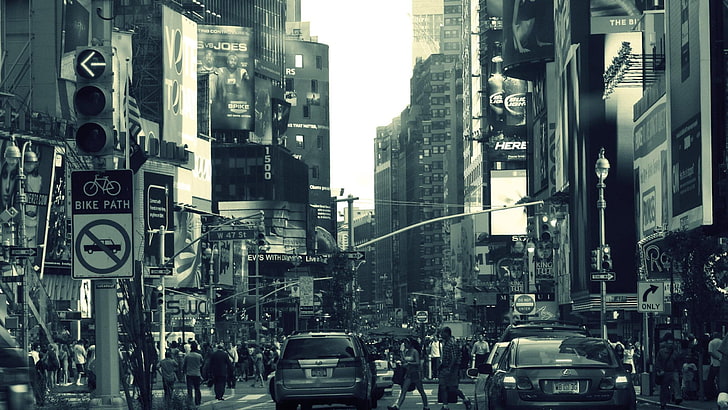 grayscale photo of vehicles and buildings, architecture, New York City
