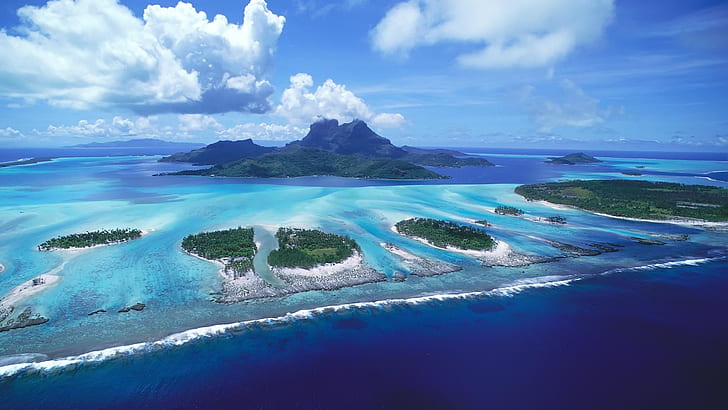Island Ocean Aerial Tropical HD, sea and green mountain \, nature, HD wallpaper