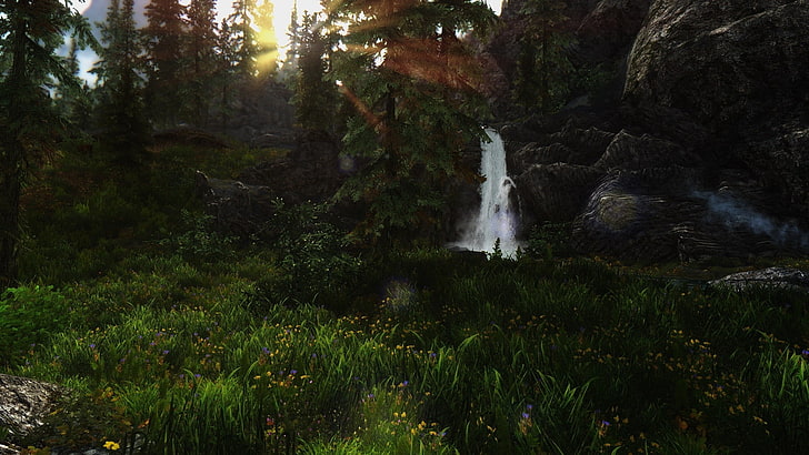 waterfalls, The Elder Scrolls V: Skyrim, forest, video games, HD wallpaper