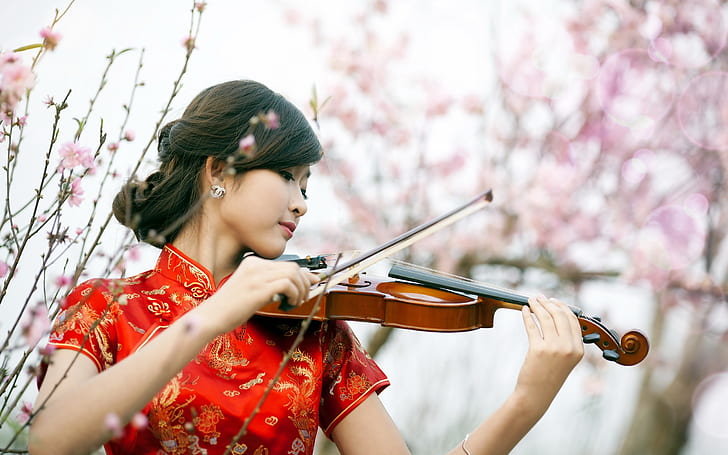Red cheongsam girl play violin, HD wallpaper
