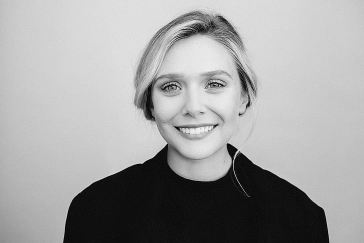 Elizabeth Olsen, actress, smile, face, bw, black And White, smiling