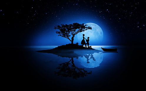 HD wallpaper: silhouette couple on island with tree artwork, love, night,  the moon | Wallpaper Flare