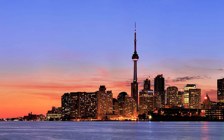 Red Skies Over Toronto, lake, dusk, blue, city, nightfall, cn tower, HD wallpaper