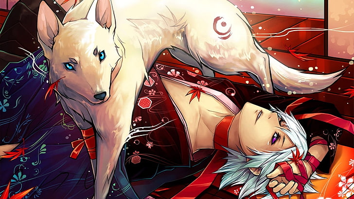 man and white fox digital wallpaper, wolf, leaves, artwork, kimono