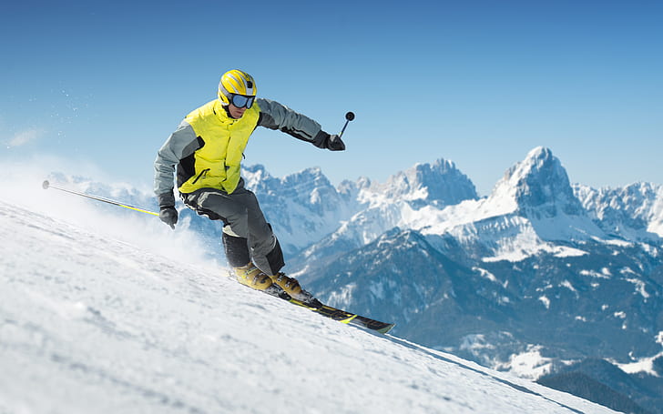 Skiing HD, men's yellow and gray ski suit, sports, HD wallpaper