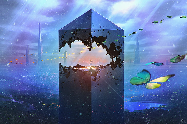 destructed obelisk digital wallpaper, underwater, fantasy art
