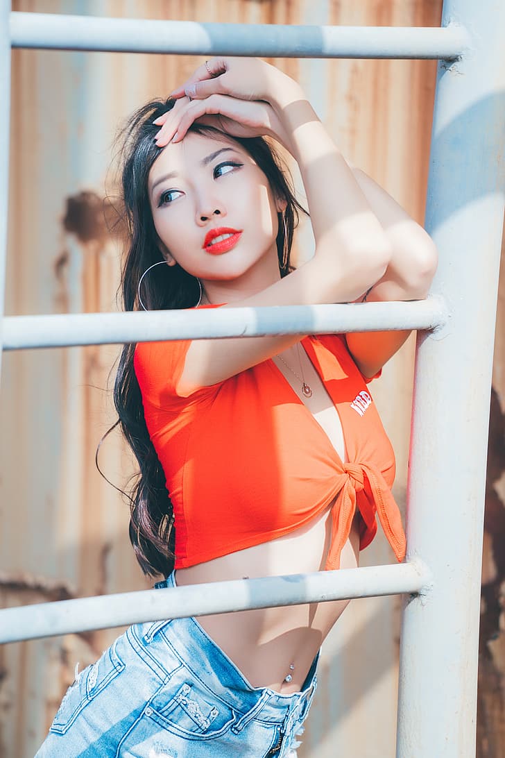 Rainbow Alice, women, model, Asian, brunette, tied top, red tops, HD wallpaper