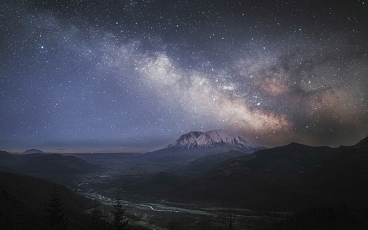 starry nights, landscape, nature, mountains, Milky Way, valley
