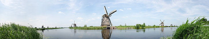 grey windmill, Netherlands, Dutch, grass, water, canal, sky, Kinderdijk, HD wallpaper