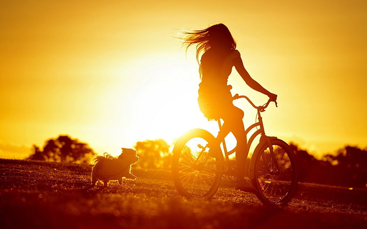 sunset, women, bicycle, dog, sunlight, silhouette, women with bicycles, HD wallpaper