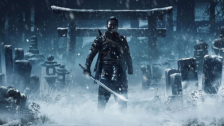 Ghost of Tsushima, samurai, winter, sword, warrior, video game art