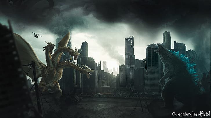 Godzilla, King Ghidorah, city, HD wallpaper