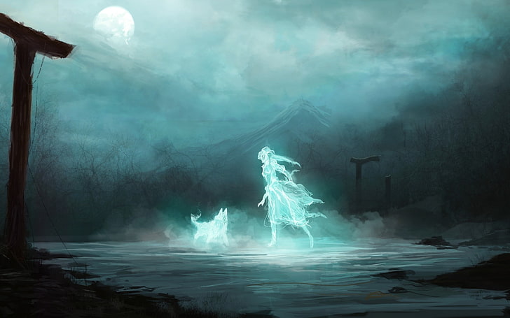 girl and animal ghost digital wallpaper, fantasy art, fog, beauty in nature