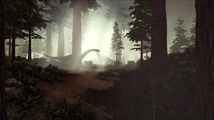 forest, nature, dinosaurs, mist, rain, video games, Ark: Survival Evolved, HD wallpaper