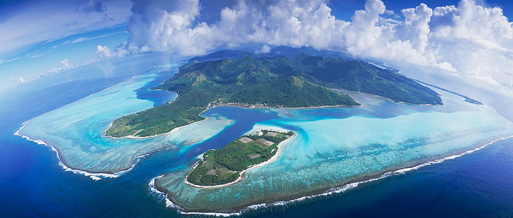 green island, aerial view, Bora Bora, tropical, atolls, clouds, HD wallpaper