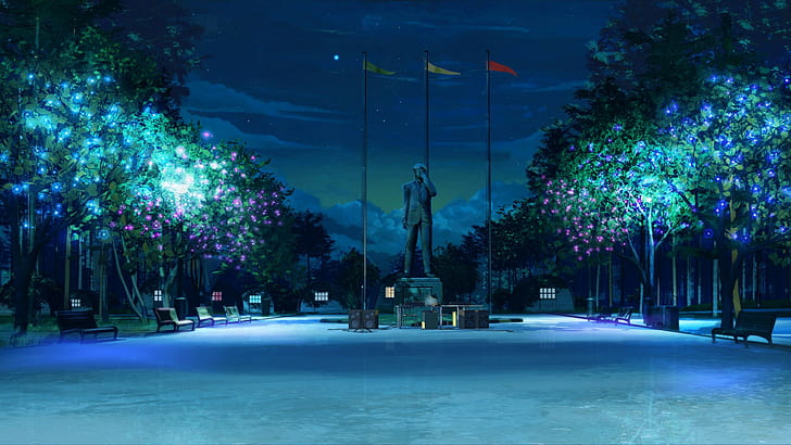 ArseniXC, Everlasting Summer, night, trees, statue, flag, bench, HD wallpaper