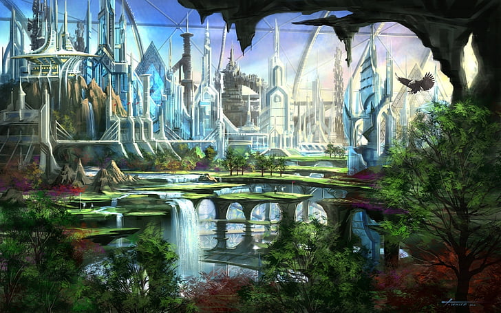 HD wallpaper: art, cities, fantasy, nature, trees, waterfalls | Wallpaper  Flare