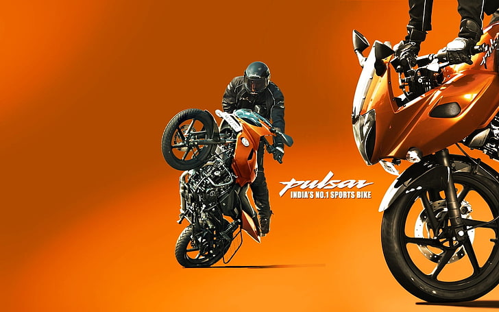 HD wallpaper: Bajaj Pulsar 220 Stunts, orange Pulsar naked motorcycle,  Motorcycles | Wallpaper Flare