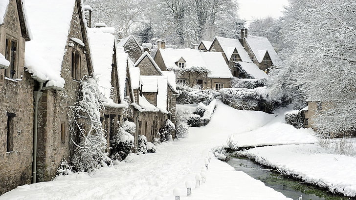 snow covered houses, England, winter, Bibury, England, town, stream