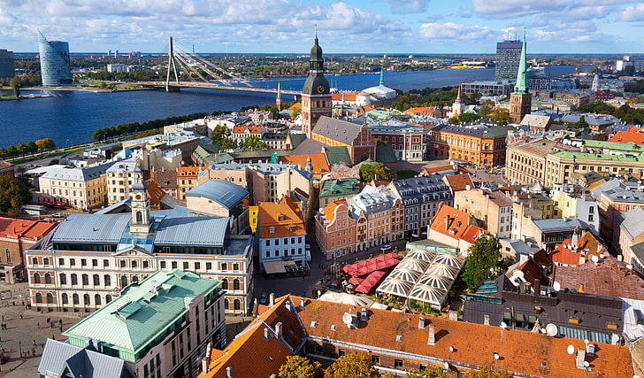 assorted-color building lot, bridge, river, home, street, Riga