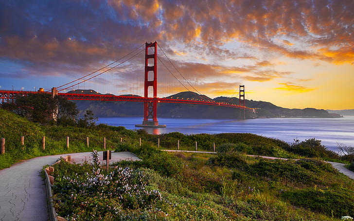 Golden Gate Bridge Bridge San Francisco Sunset Clouds Ocean Plants HD, HD wallpaper