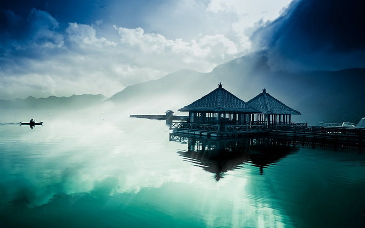 nature, landscape, lake, dock, boat, mountains, mist, clouds, HD wallpaper