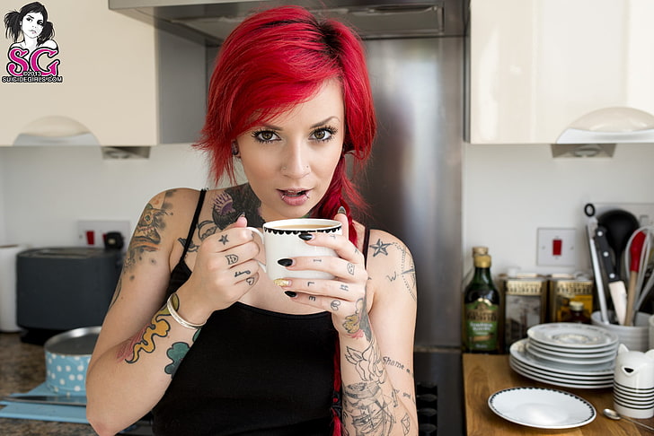 white ceramic mug, Suicide Girls, redhead, tattoo, Rebecca Crow