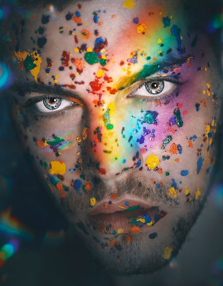 face, paint splatter, model, multi colored, portrait, one person