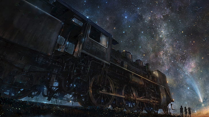 train railway night stars group of people, star - space, astronomy, HD wallpaper