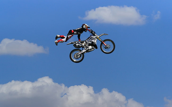 black and white motocross dirt bike, man, jump, motorcycle, extreme Sports