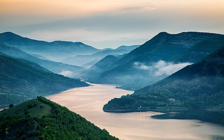 body of water surrounded by mountains, nature, landscape, mist