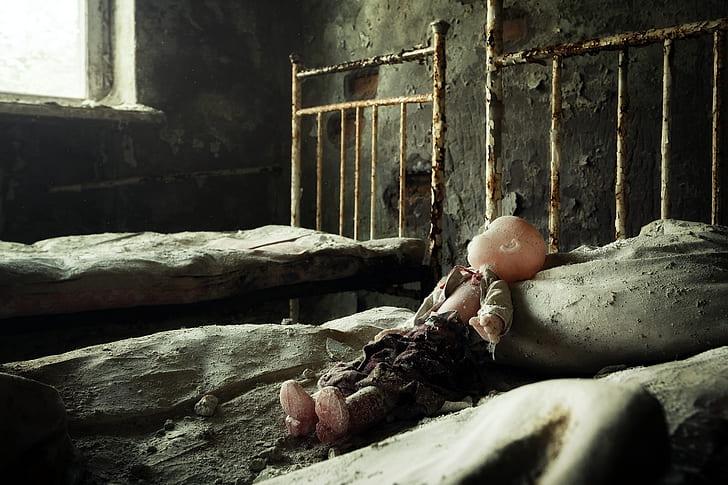 bed, doll, abandoned hospital, HD wallpaper