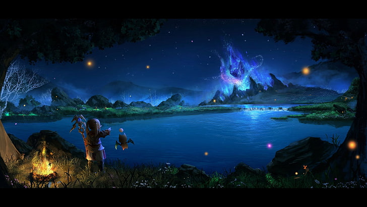 Hd Wallpaper Final Fantasy Xiv Water Night Nature Sky Illuminated Lake Wallpaper Flare