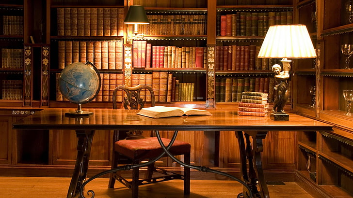 cabinet, table, book, globe, lamp, books, library, lighting equipment, HD wallpaper