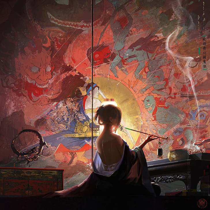 painting, smoking, smoke, samurai, sword, arrows, waves, sheath, HD wallpaper