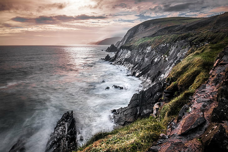 landscape photography of cliff and sea waves, kerry, ireland, kerry, ireland, HD wallpaper