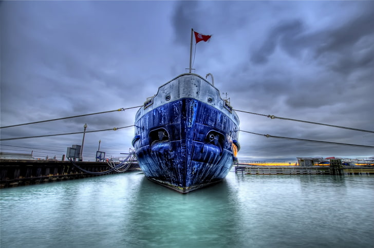 blue ship digital wallpaper, boat, dock, sea, flag, hdr, nautical Vessel