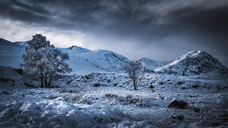 winter, trees, mountains, valley, Scotland, Highland, Glencoe, HD wallpaper