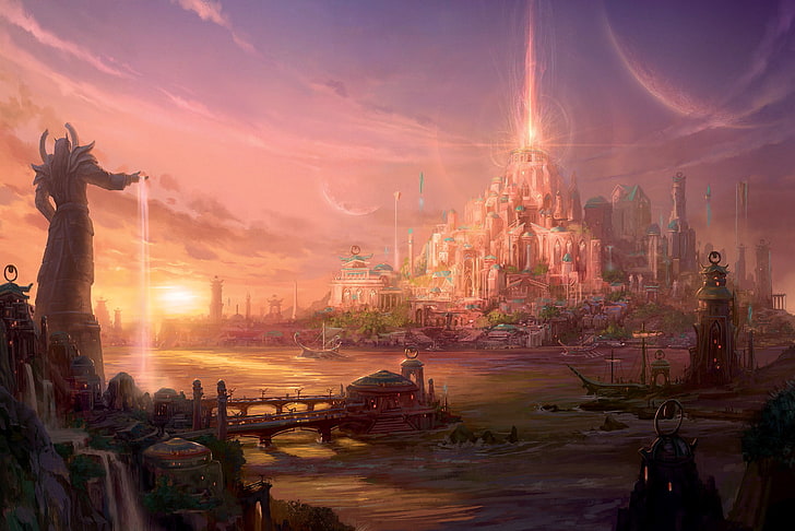 castle and statues wallpaper, World of Warcraft, fantasy art, HD wallpaper