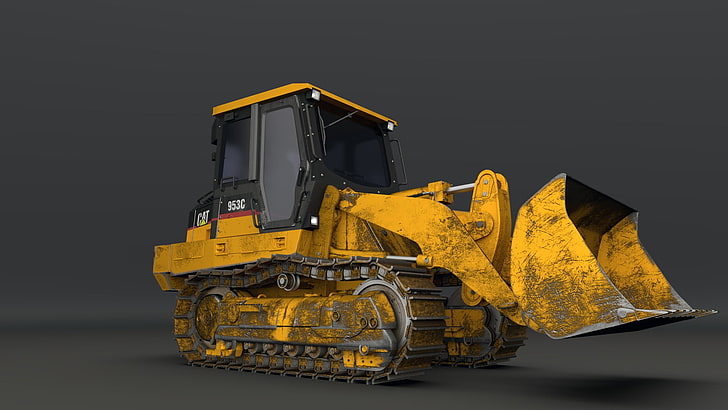 bulldozer, excavator, 3D, CGI, yellow, studio shot, indoors